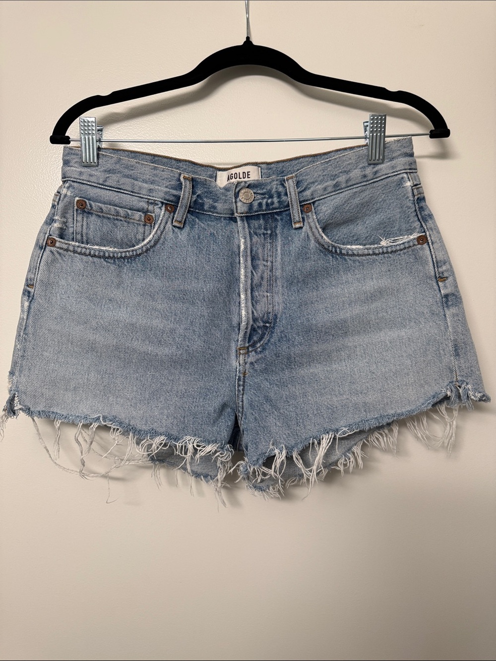 Agolde Light Blue Distressed Denim Cutoff Shorts